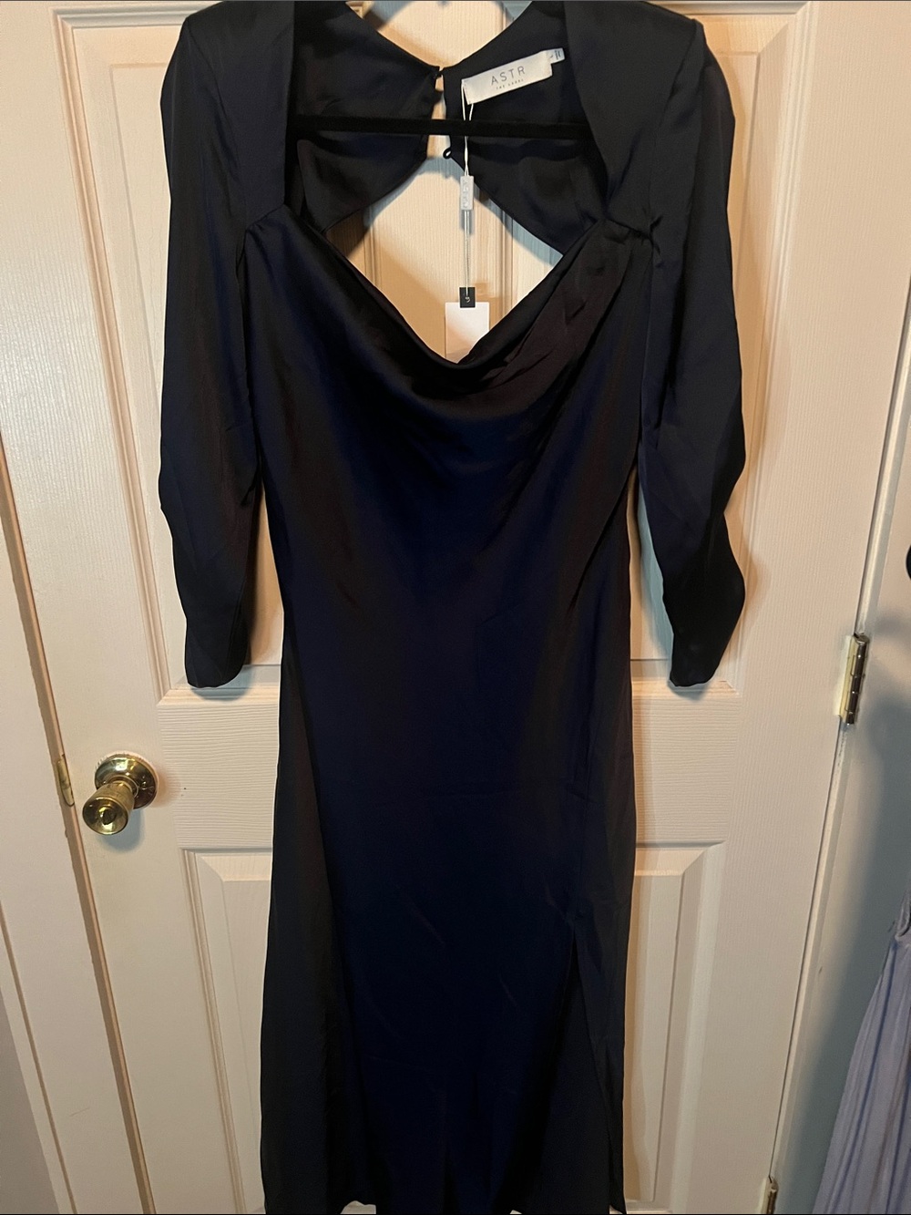 Astr Navy Long Sleeve Cowl Neck Midi Dress